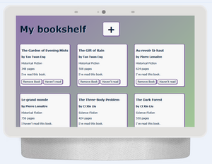 computer screen showing a bookshelf with information about various books